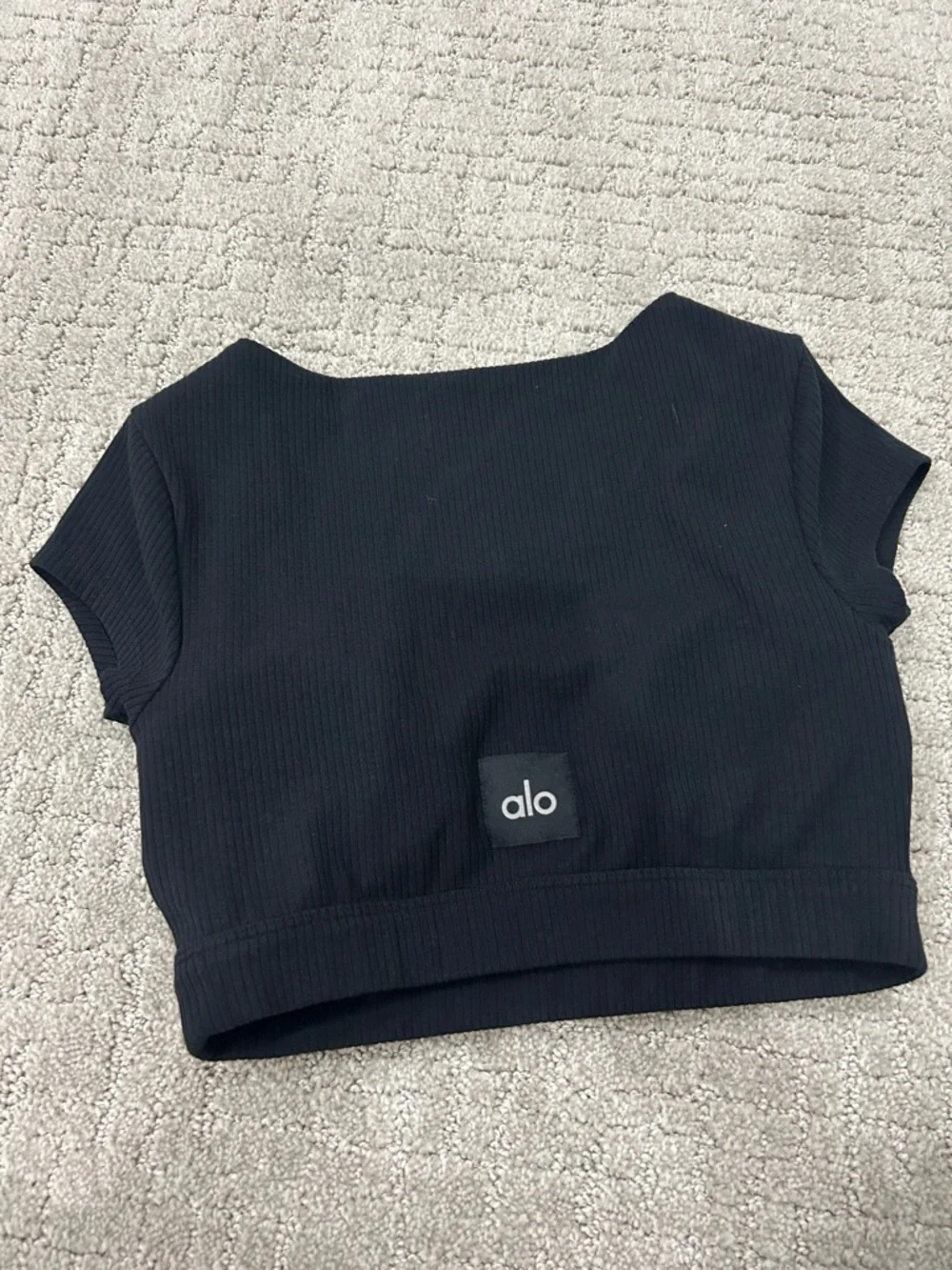 ALO Yoga Black Ribbed Button-Front Square Neck Crop Top - Picture 2 of 3